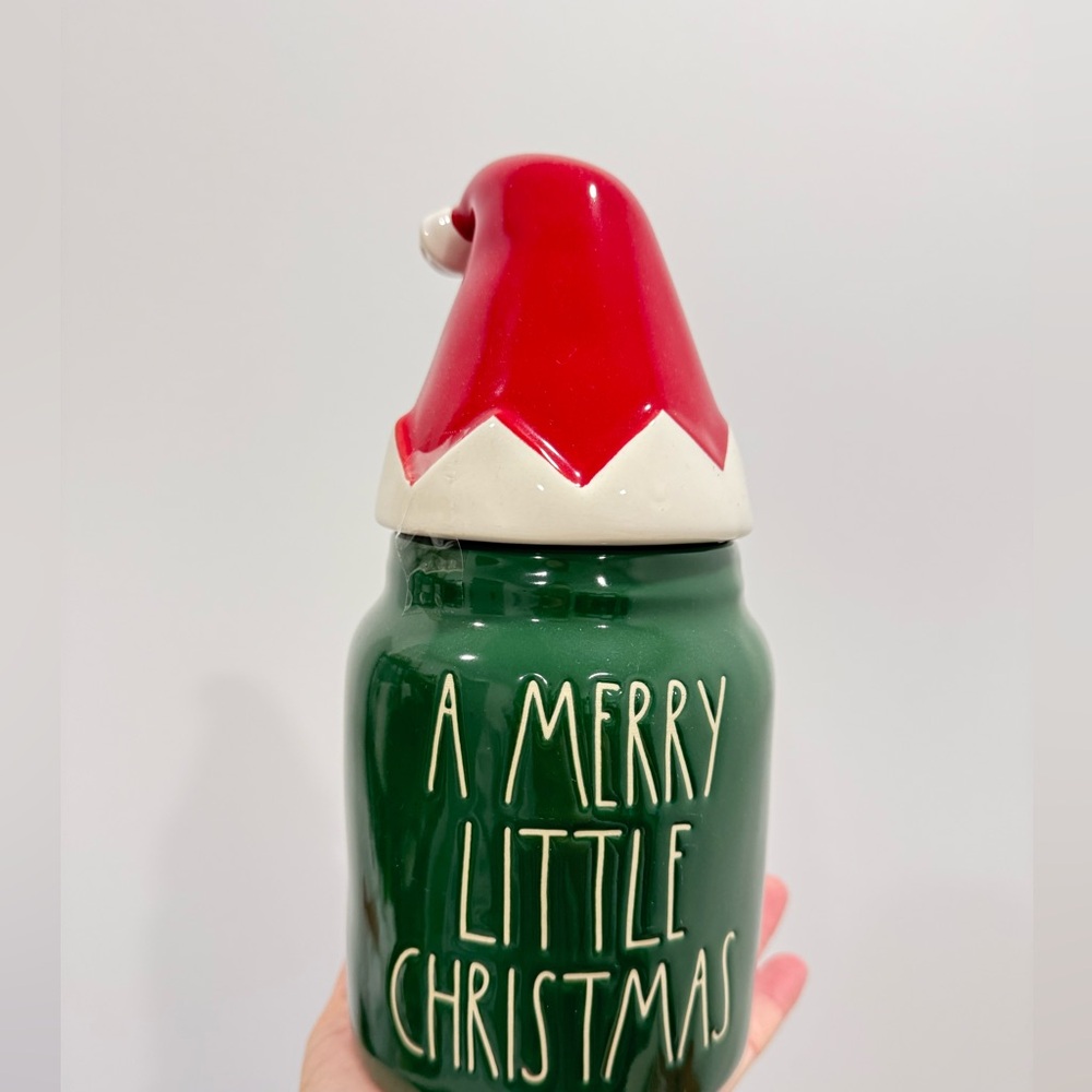Rae Dunn Green Christmas Jar with Red Hat